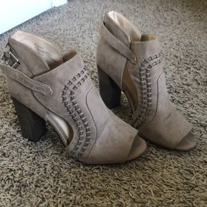 Open toe suede block heel booties by Cato